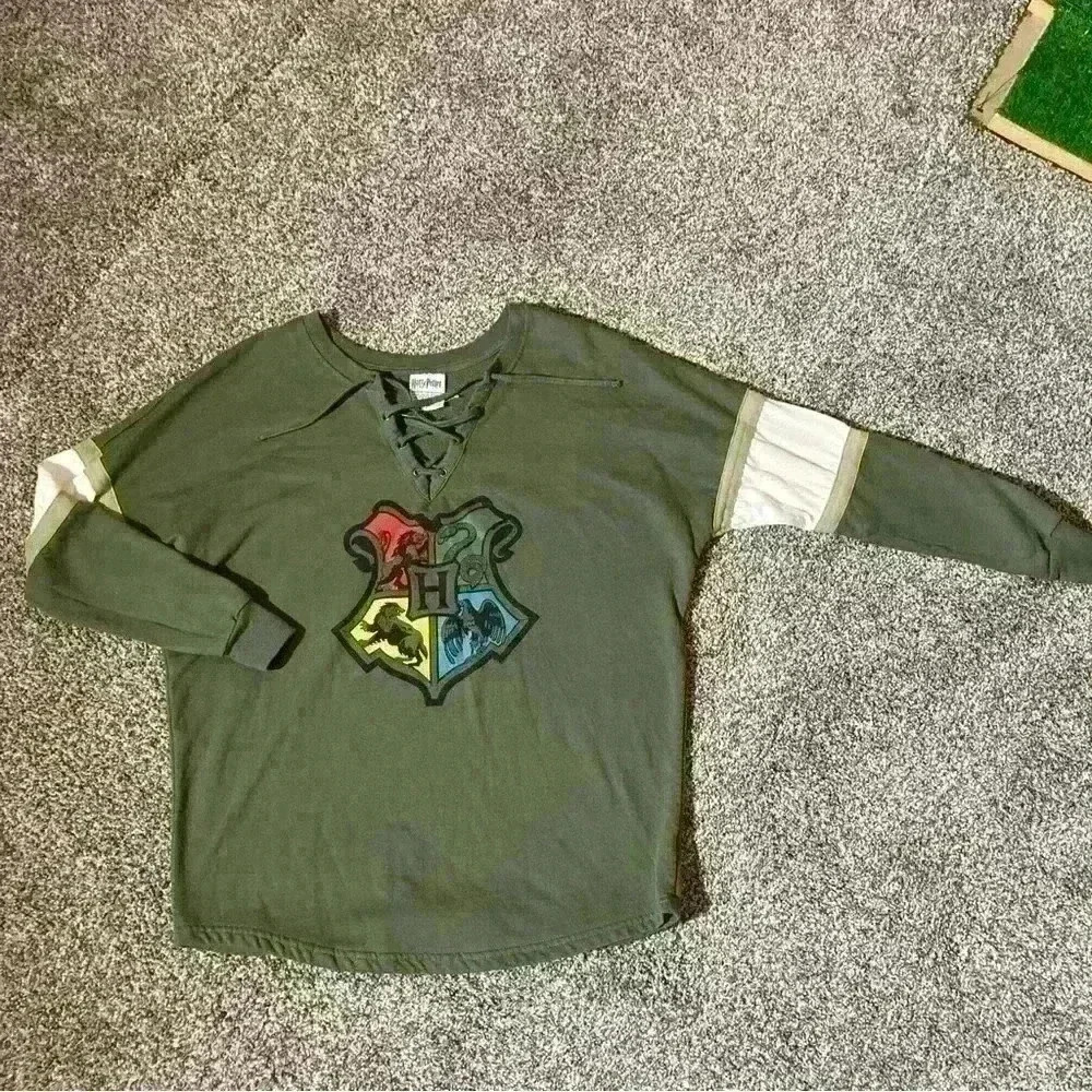 Hogwarts Womens Shirt Long Sleeve Lace Up Size S Green Harry Potter